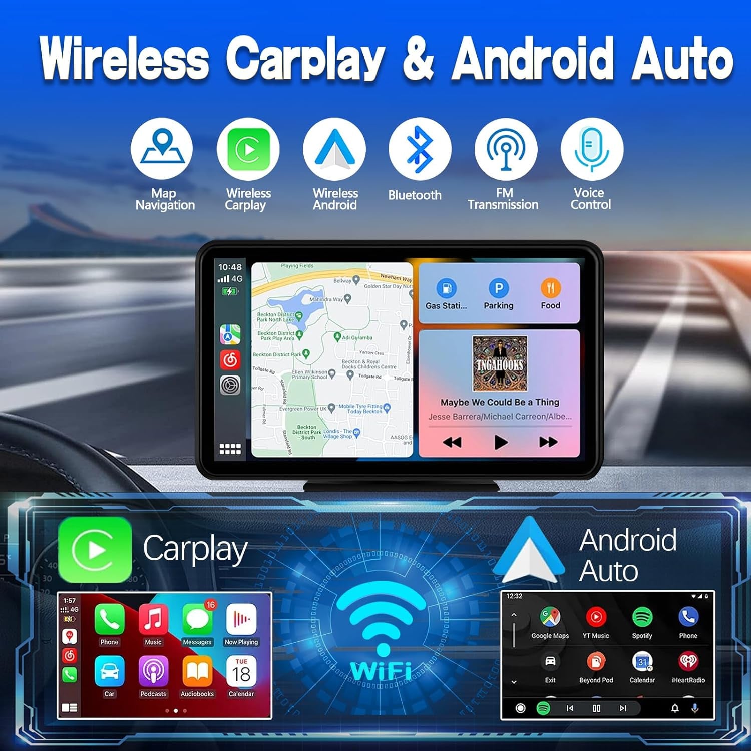 Apple Carplay Wireless Portable Touchscreen Car Stereo Bluetooth Voice Control 7" Apple Car Play & Android Auto Car Audio HD Screen with 1080P Backup Camera GPS Navigation/Mirror Link Fits All Cars