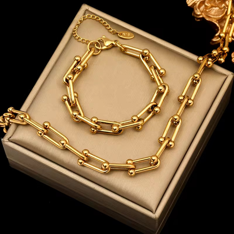 316L Stainless Steel Gold Color Thick Chain Necklace Bracelet for Women Girl New Fashion Waterproof Jewelry Set Gift