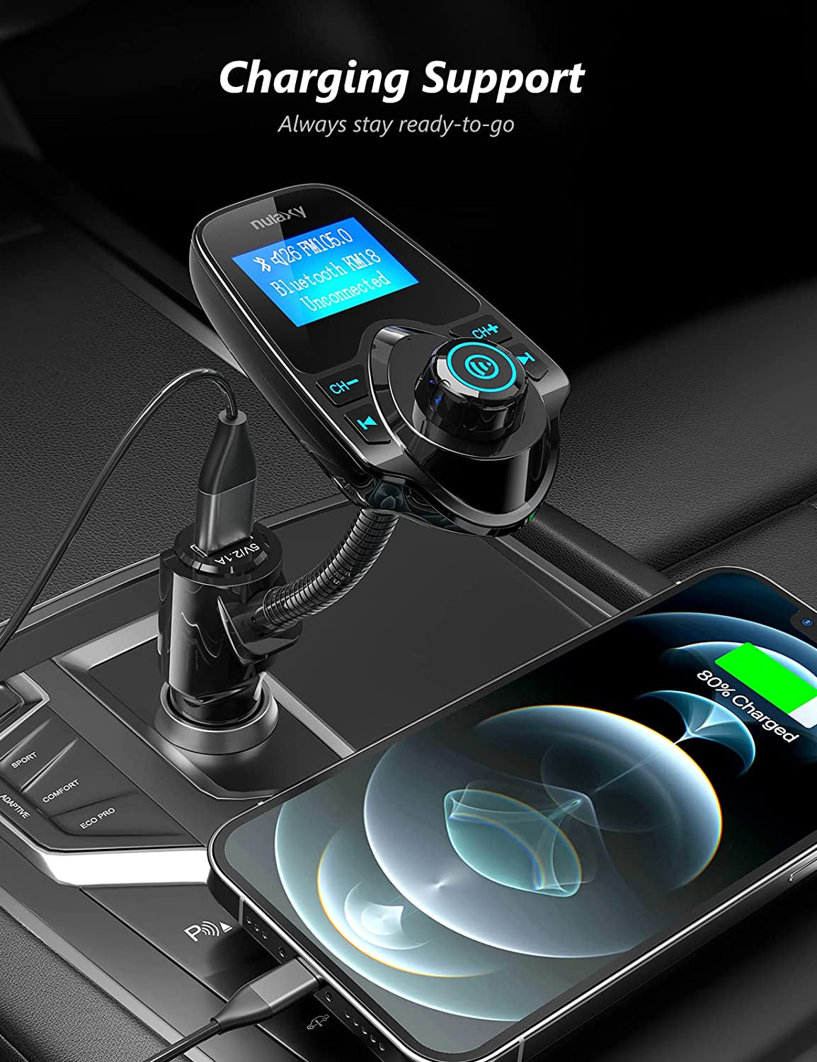 Car Bluetooth FM Transmitter [2024 Upgraded], 1.44" Display Flexible Gooseneck, Handsfree Call Wireless Music Stereo Audio Player Radio Adapter Car Kit USB Phone Charger, TF SD Card AUX-KM18