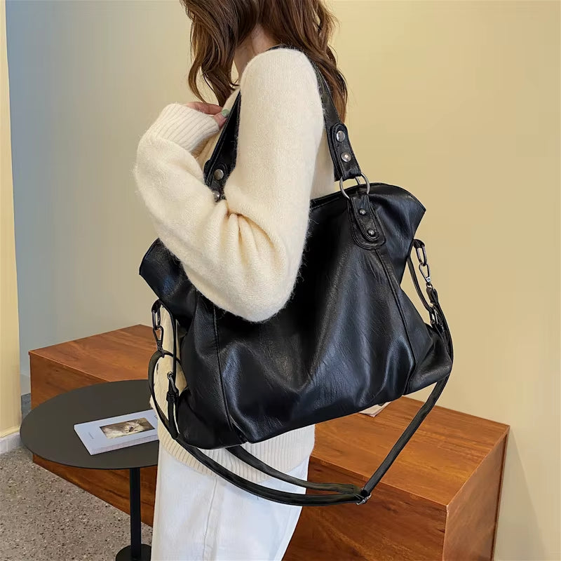 Big Black Shoulder Bags for Women Large Hobo Shopper Bag Solid Color Quality Soft Leather Crossbody Handbag Lady Travel Tote Bag