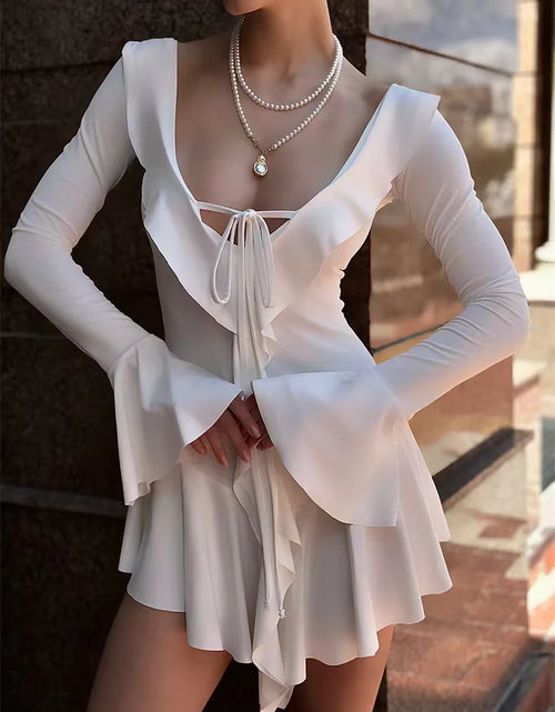 Load image into Gallery viewer, Ruffled Lace-Up White Mini Dress Women&#39;S V-Neck Patchwork Long Sleeve Sexy Slim Dress Bandage Elegant Female Summer Dress
