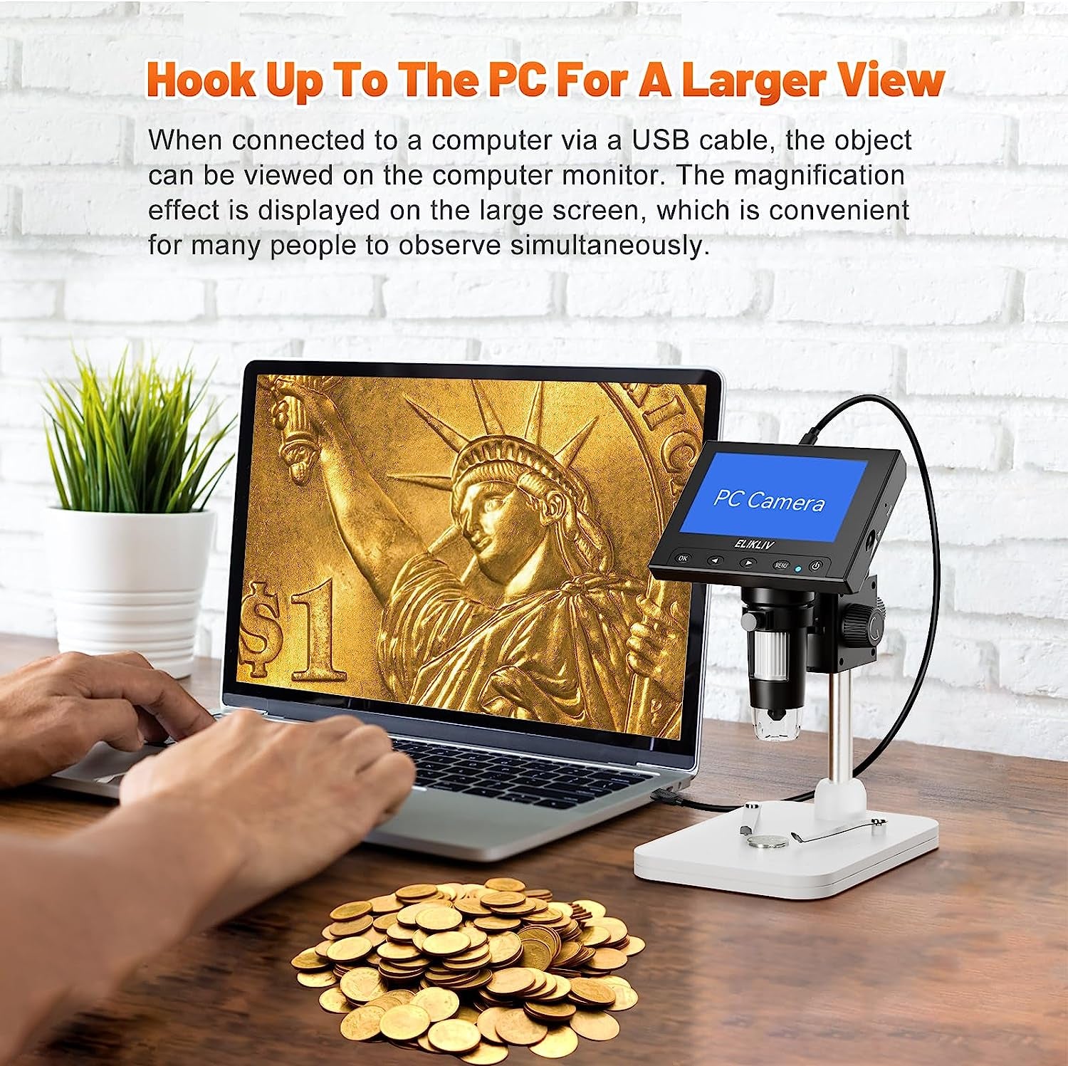 Microscope, LCD Digital Coin Microscope 1000X, Coin Magnifier with 8 Adjustable LED Lights, PC View Compatible with Windows/Macbook, EDM4, 4.3 Inch