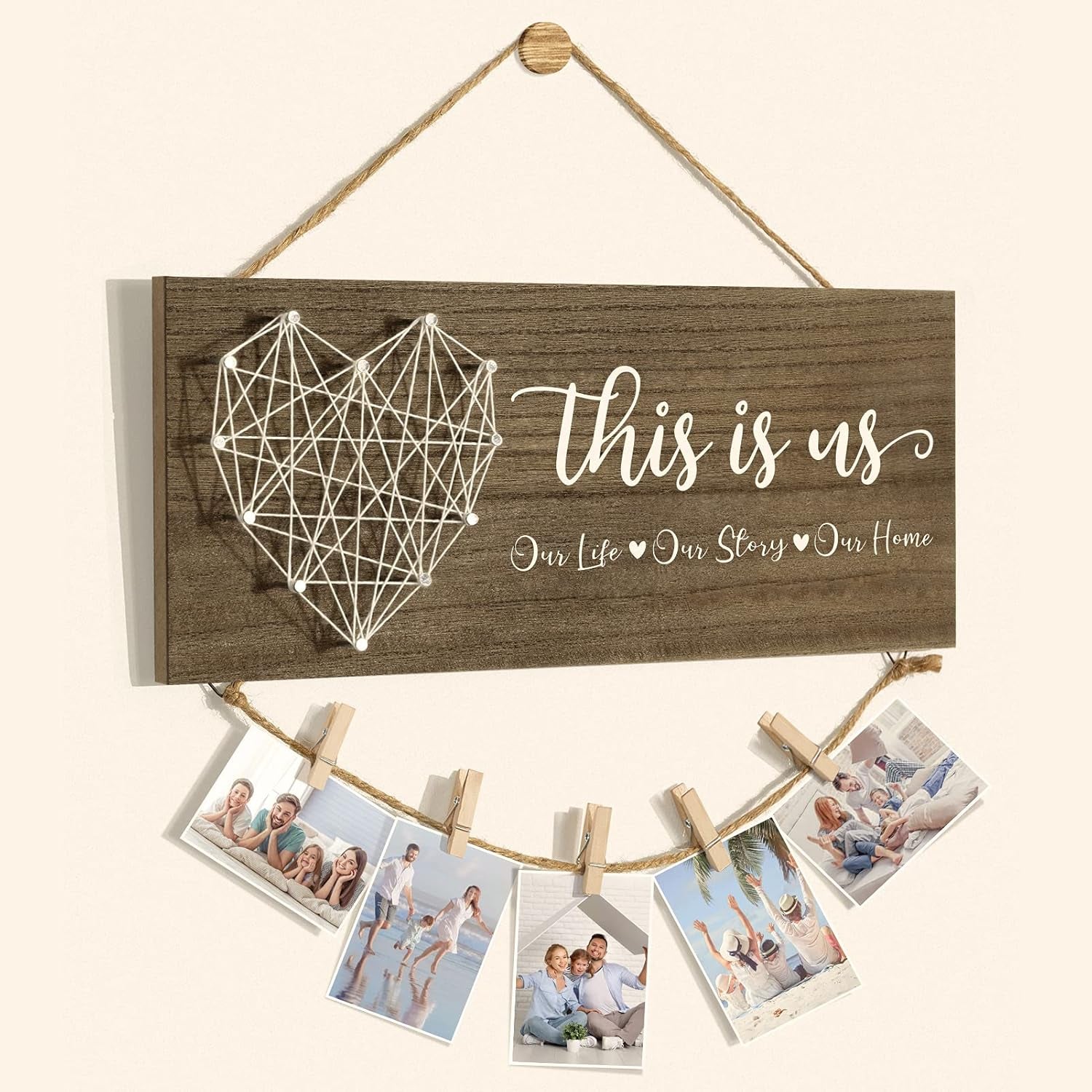 Christmas Gifts for Mom Women, Housewarming Gifts New Home Wall Decor Sign, This Is Us Family Picture Frame Wedding Gifts for Couples Farmhouse Rustic Wood Hanging Photo Holder, Gift for New Homeowner