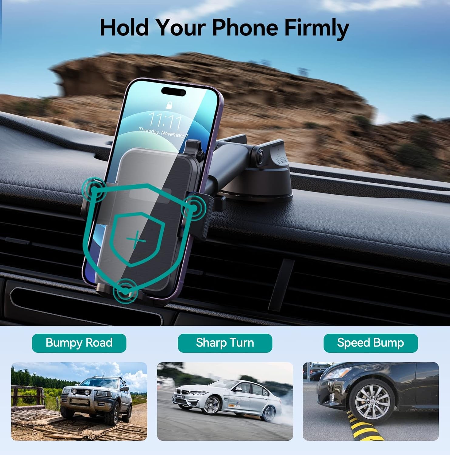 Car Phone Holder Mount, [Military-Grade Suction & Super Sturdy Base] 3 in 1 Universal Phone Mount for Car Dashboard Windshield Air Vent Hands Free Car Mount for Iphone Android Smartphone