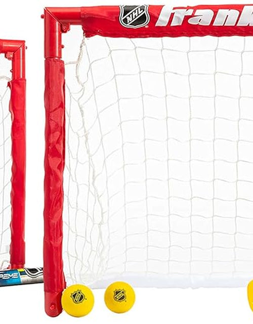 Load image into Gallery viewer, - NHL Kids Folding Hockey Goals Set - (2) Street Hockey &amp; Knee Hockey Goals - (2) Adjustable Youth Hockey Sticks, (2) Knee Hockey Sticks, (2) Mini Hockey Balls + (1) Street Hockey Ball
