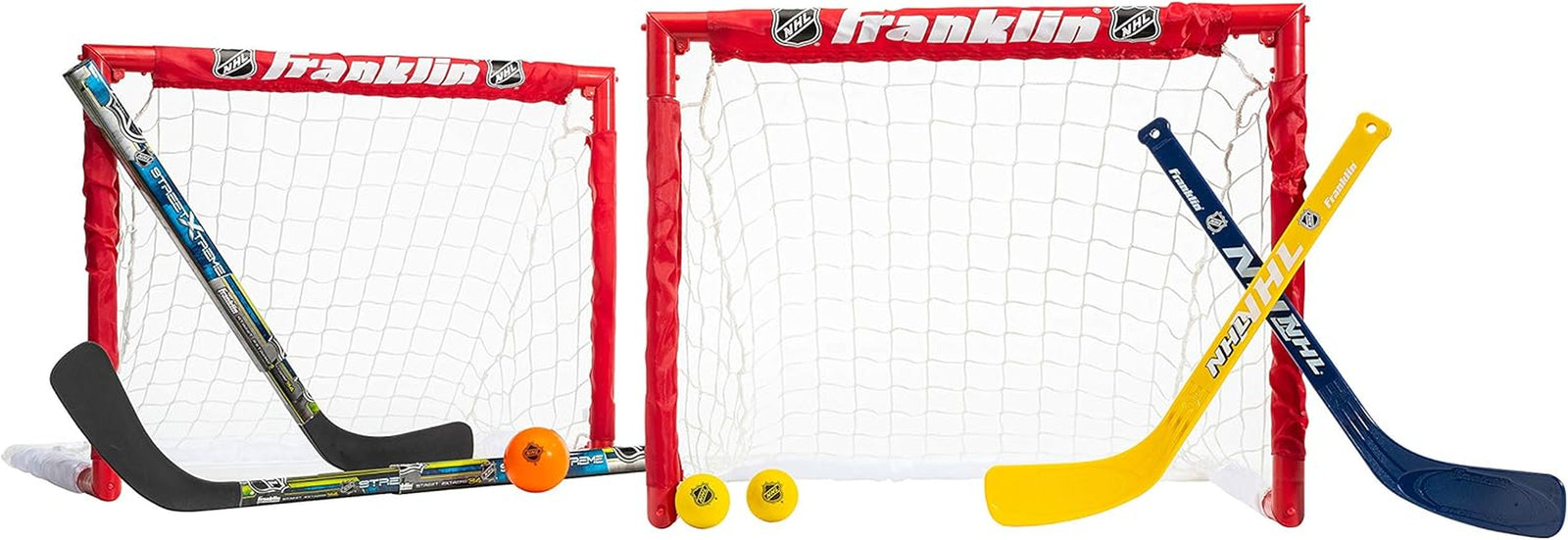 - NHL Kids Folding Hockey Goals Set - (2) Street Hockey & Knee Hockey Goals - (2) Adjustable Youth Hockey Sticks, (2) Knee Hockey Sticks, (2) Mini Hockey Balls + (1) Street Hockey Ball