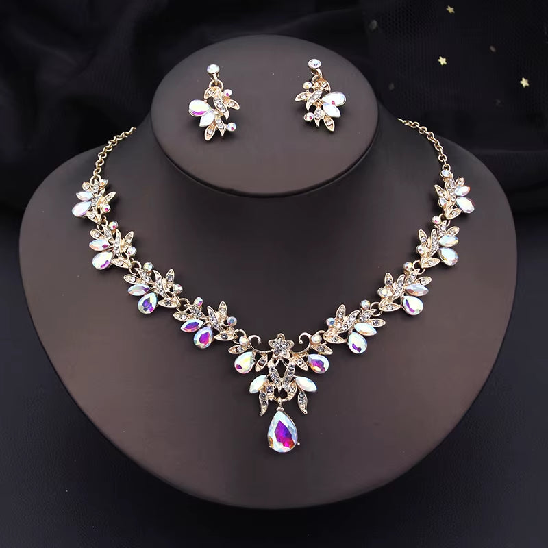 Elegant Fashion Necklace Sets for Women Dangle Earrings Princess Collar Two Piece Set Bride Jewelry Bridal Wedding Accessories