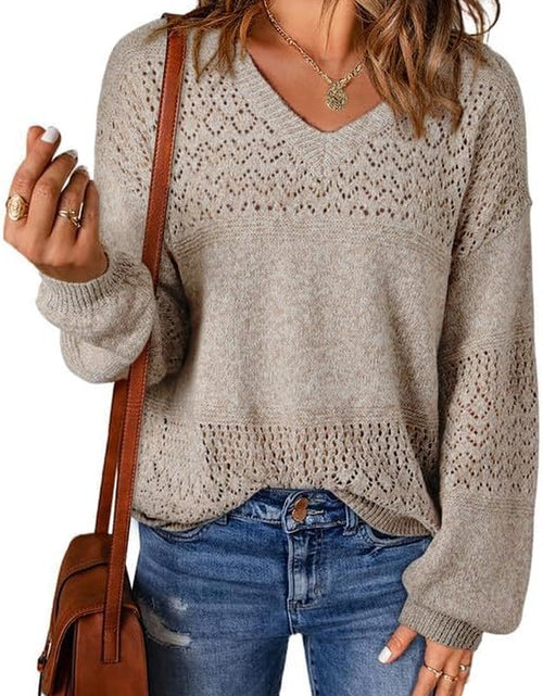 Load image into Gallery viewer, Womens Sweaters Casual Long Sleeve V Neck Lightweight Crochet Pullover Sweater Tops
