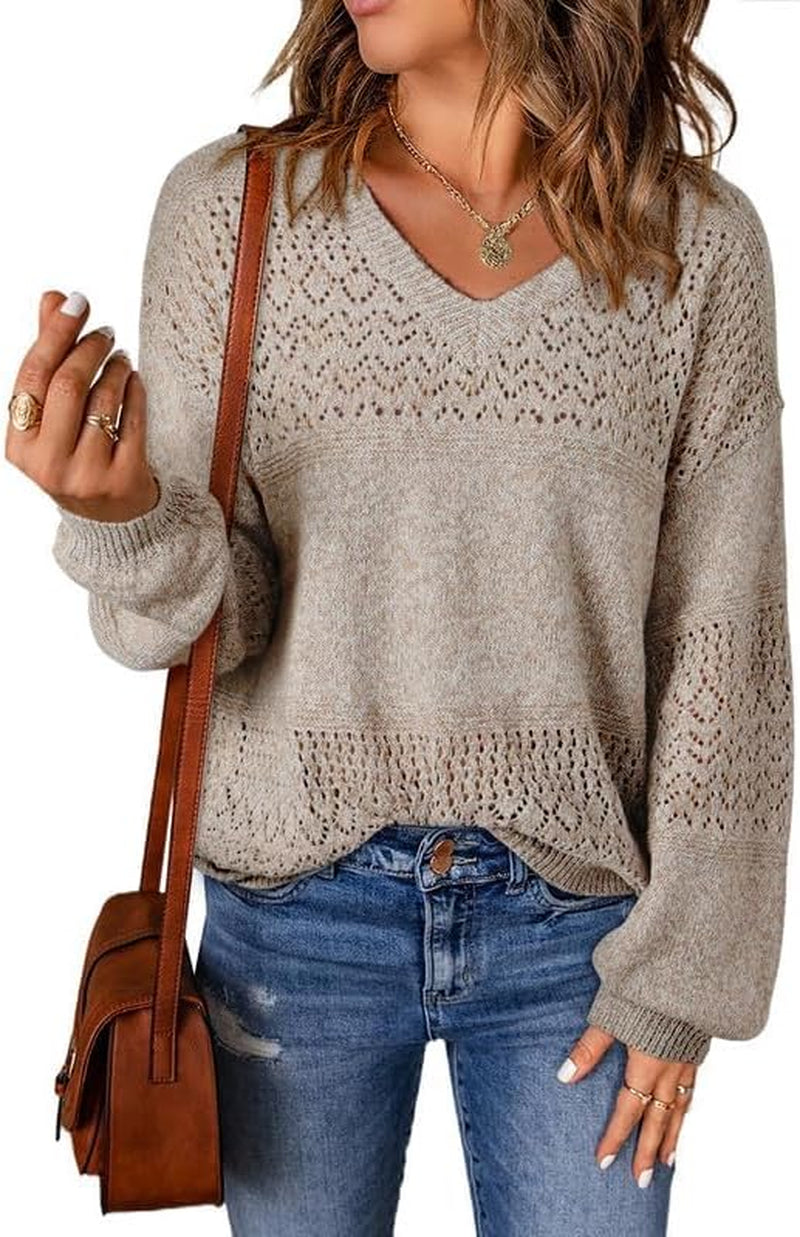 Womens Sweaters Casual Long Sleeve V Neck Lightweight Crochet Pullover Sweater Tops