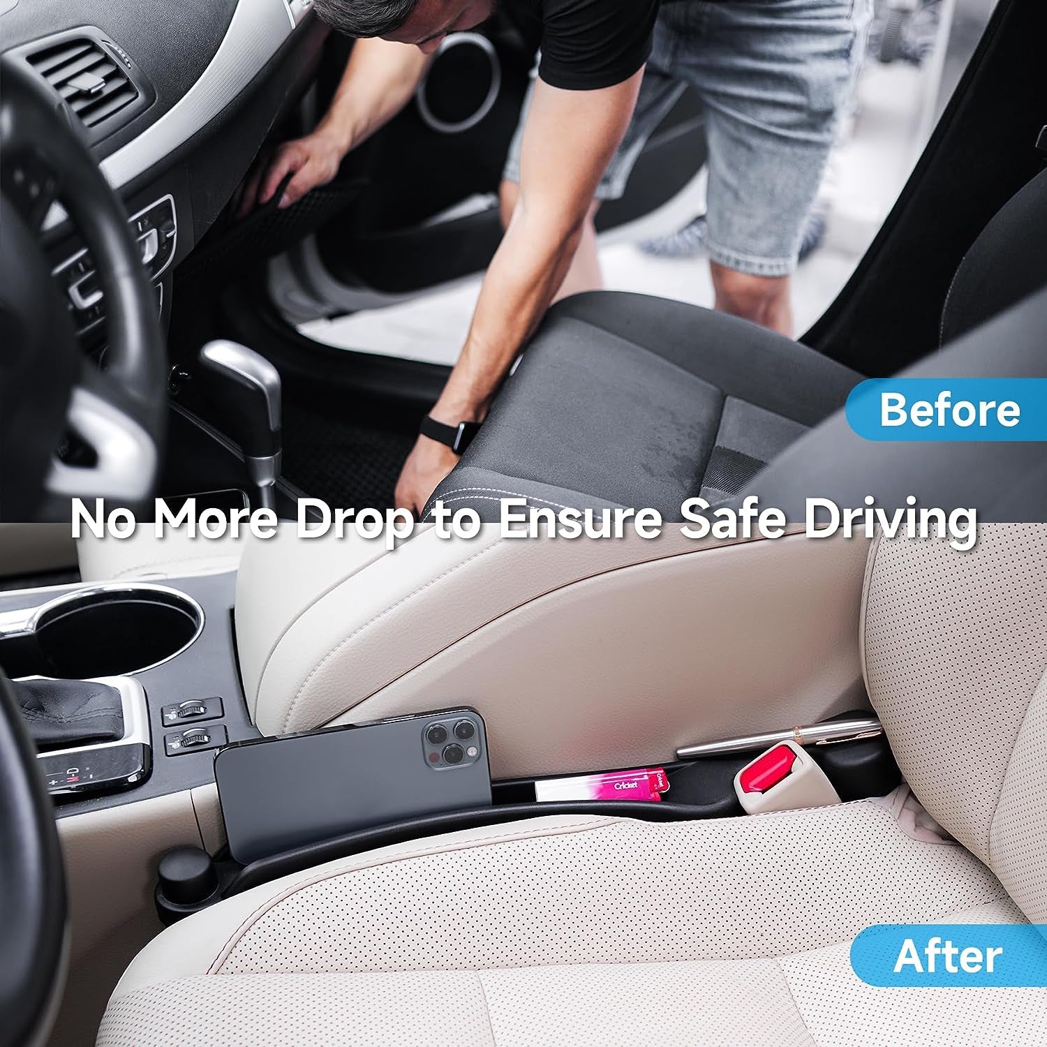 Car Seat Gap Filler Set of 2, Soft Foam Multifunctional Seat Side Gap Filler with Organizer & Hook Function, 3In1 Gap Stopper Universal Fit Car SUV Truck Fill the Gap between Seat & Console