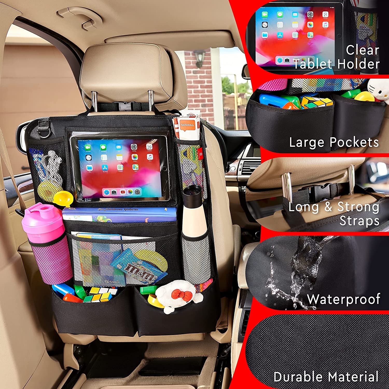 Backseat Car Organizer, Kick Mats Back Seat Protector with Touch Screen Tablet Holder, Back Seat Organizer for Kids, Travel Accessories with 9 Storage Pockets 2 Pack, Black