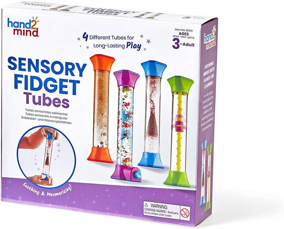 Sensory Fidget Tubes, Calming Toys for Kids, Occupational Therapy Toys, Play Therapy, Stress Relief Toy, Comfort Items for Anxiety, Calm down Corner Supplies (Set of 4)