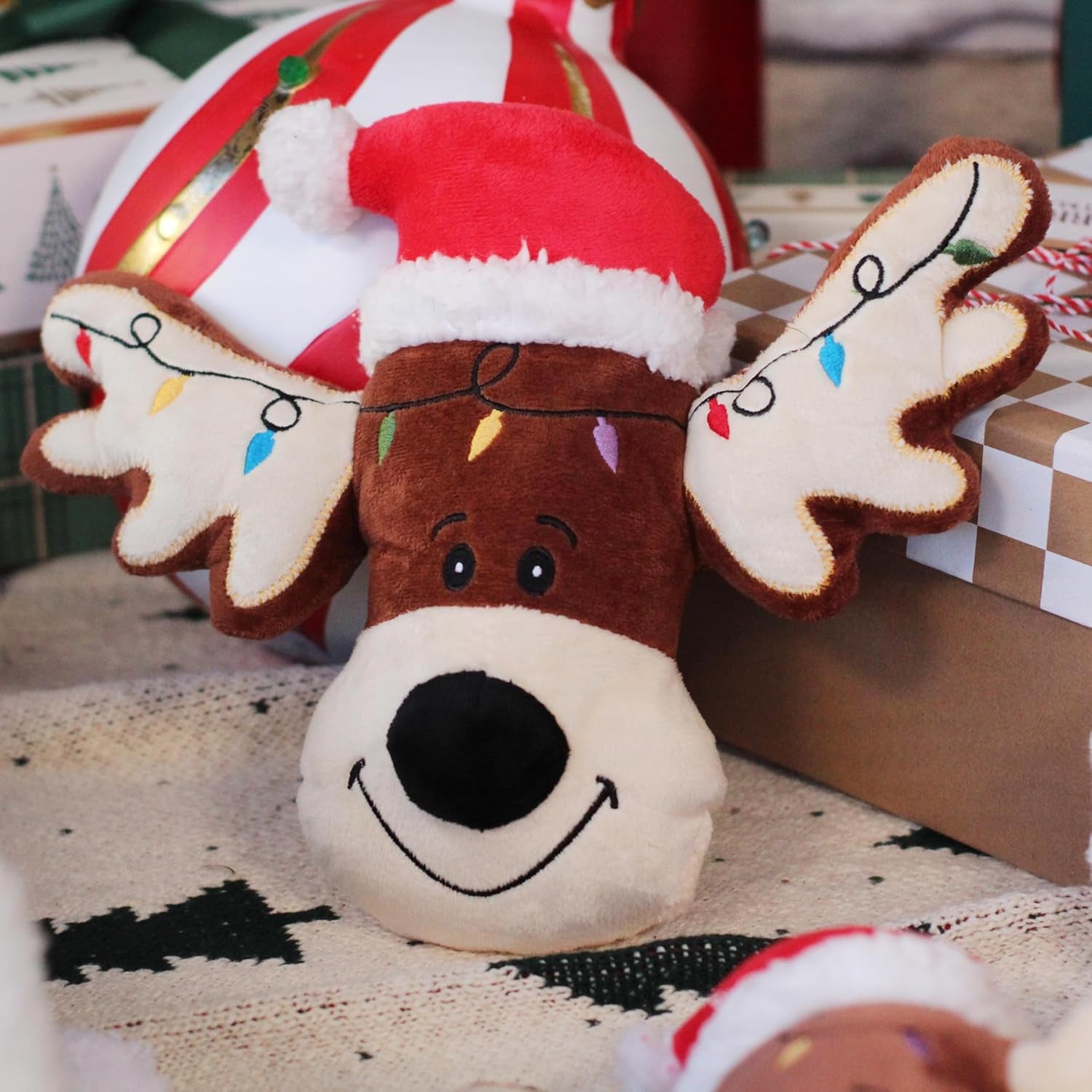 Holiday Plush Pet Toy Fun for Christmas Designs with Squeaker Dog Chew Toy (9" Reindeer Cookie)