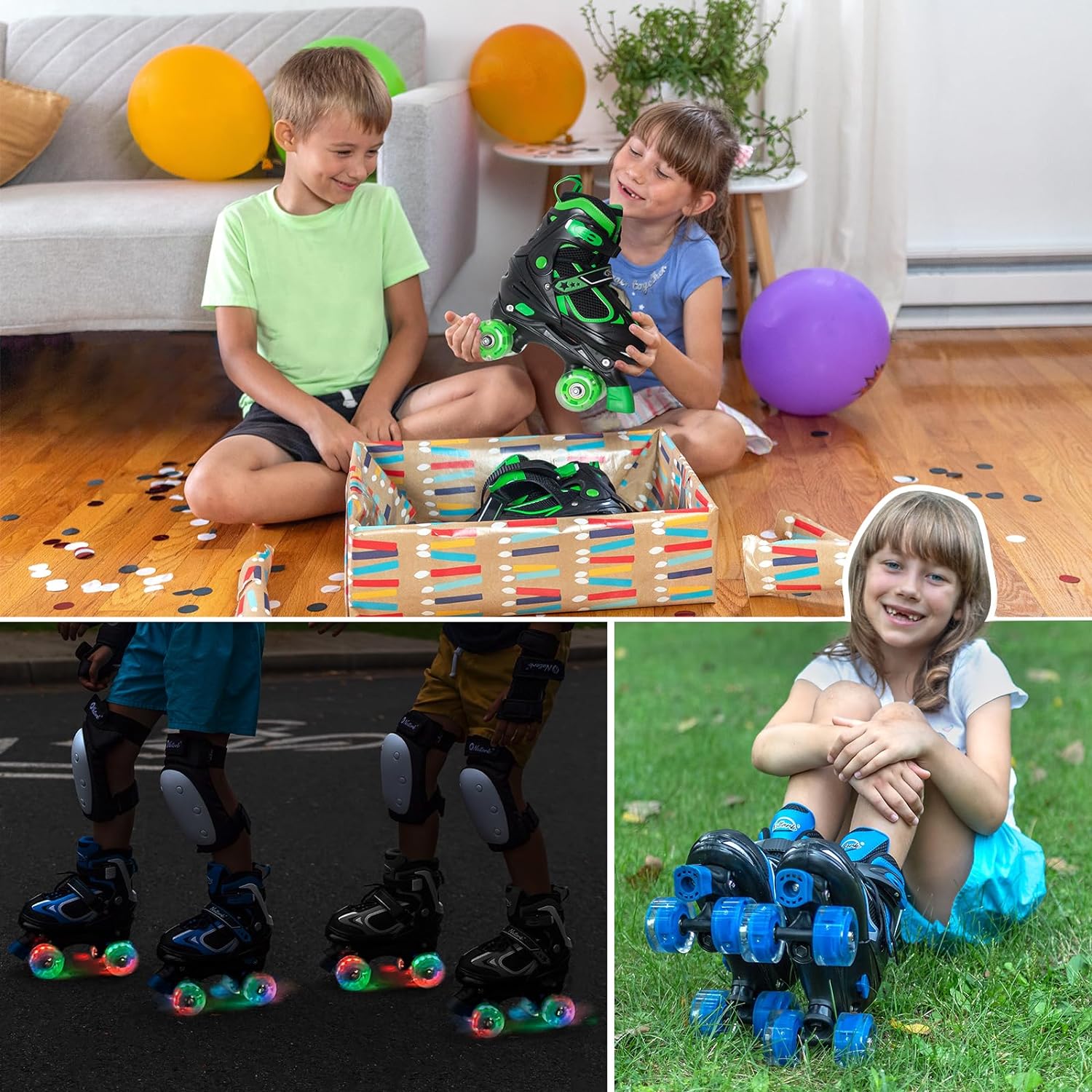 Kids Roller Skates for Boys Girls Kids, 4 Sizes Adjustable Quad Skates with All Light up Wheels - Birthday Gift for Indoor Outdoor Sports