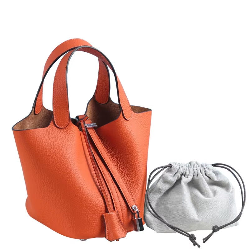 Various Genuine Leather Luxury Bag Fashion  Vegetable Basket Style Portable Women Bucket Bag with Lock