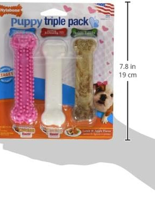 Load image into Gallery viewer, Puppy Triple Pack - Pink Puppy Teething Toy, Nylon Dog Toy, &amp; Chew Treat Variety Pack - Puppy Supplies - Chicken and Bacon Flavors, Small/Regular (3 Count)
