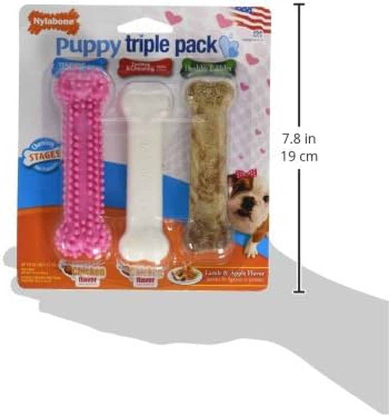 Puppy Triple Pack - Pink Puppy Teething Toy, Nylon Dog Toy, & Chew Treat Variety Pack - Puppy Supplies - Chicken and Bacon Flavors, Small/Regular (3 Count)