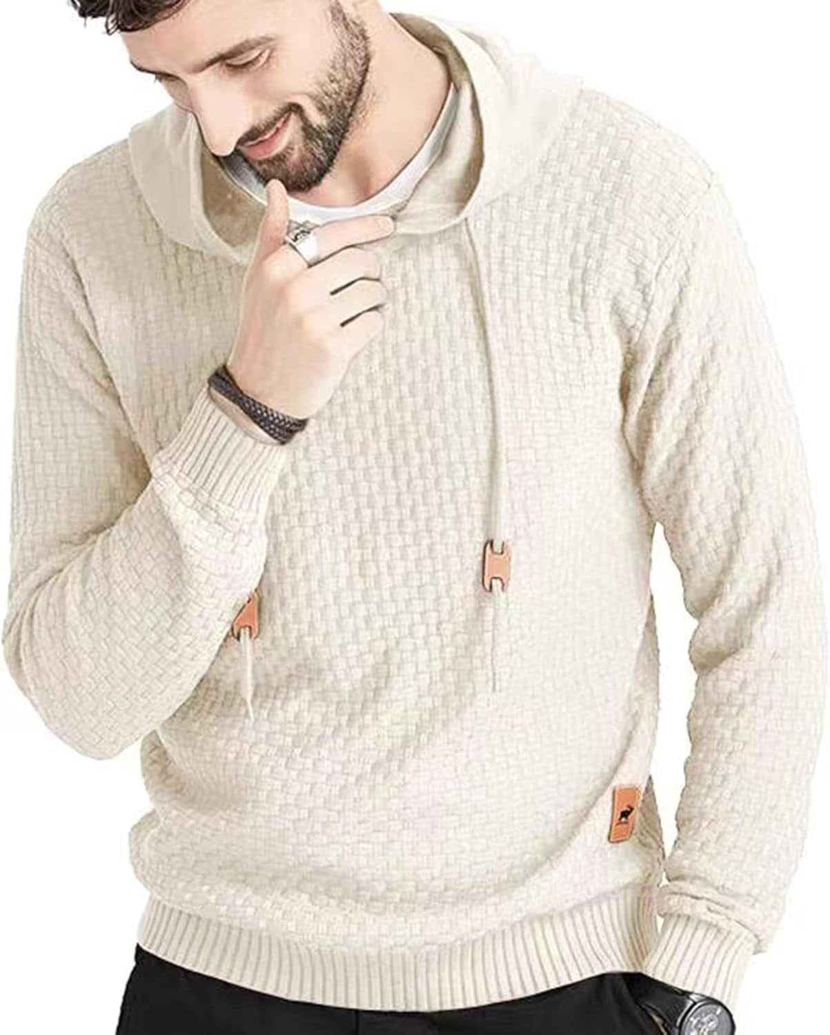 Mens Hooded Sweatshirt Long Sleeve Solid Knitted Hoodie Pullover Sweater