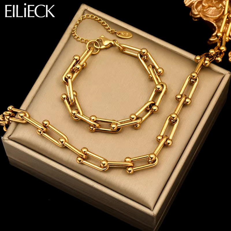 316L Stainless Steel Gold Color Thick Chain Necklace Bracelet for Women Girl New Fashion Waterproof Jewelry Set Gift