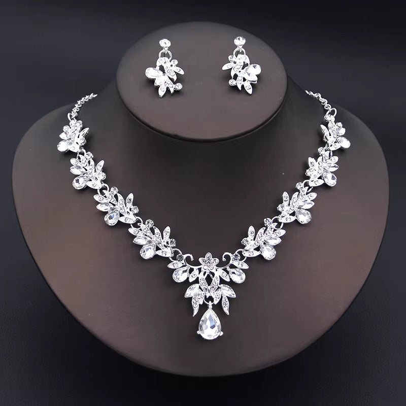 Elegant Fashion Necklace Sets for Women Dangle Earrings Princess Collar Two Piece Set Bride Jewelry Bridal Wedding Accessories