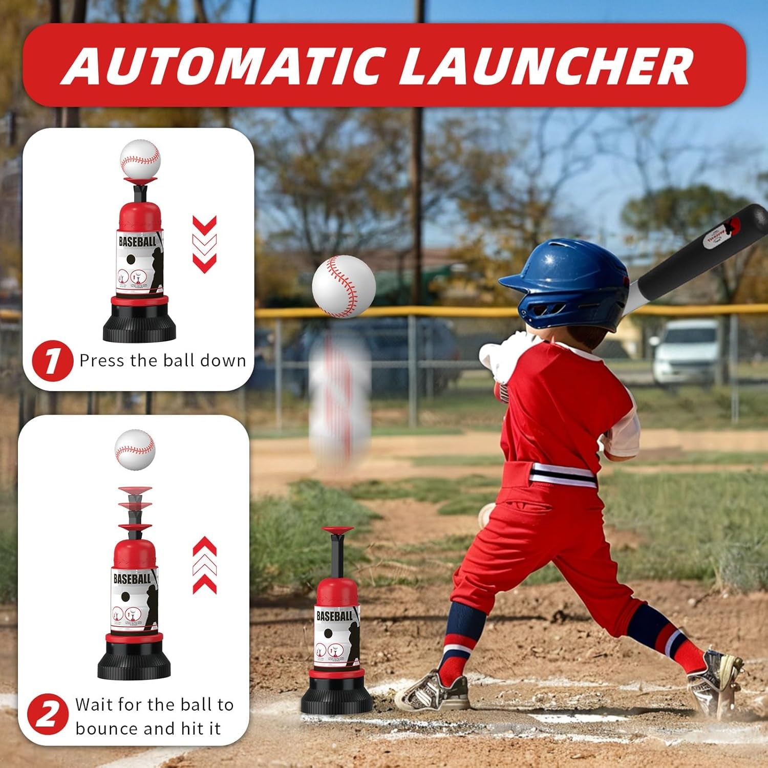 3-In-1 T Ball Set - Adjustable Height, Hanging Tee Ball Set with Automatic Pitching Machine/6 Balls/Retractable Bat, T Ball Stand Suit for Outdoor, Sport Toys Gifts for Kids Boys Age 3+