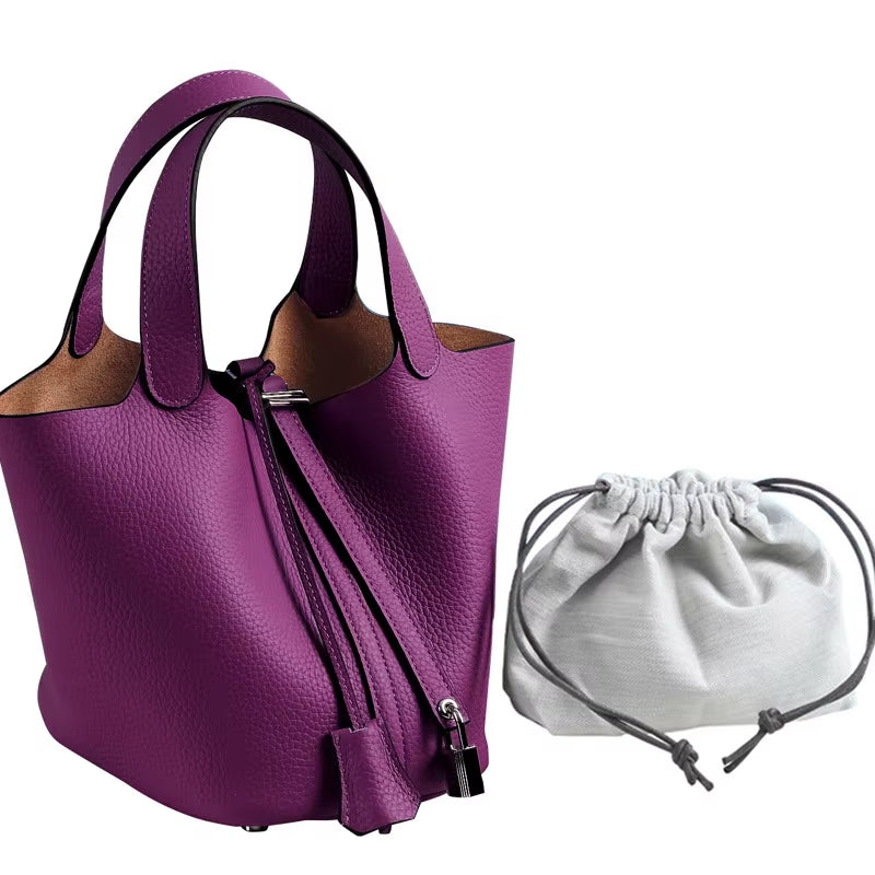 Various Genuine Leather Luxury Bag Fashion  Vegetable Basket Style Portable Women Bucket Bag with Lock