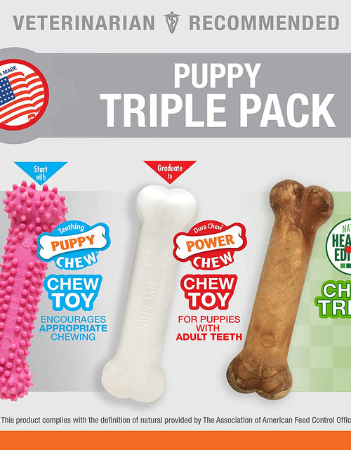 Load image into Gallery viewer, Puppy Triple Pack - Pink Puppy Teething Toy, Nylon Dog Toy, &amp; Chew Treat Variety Pack - Puppy Supplies - Chicken and Bacon Flavors, Small/Regular (3 Count)
