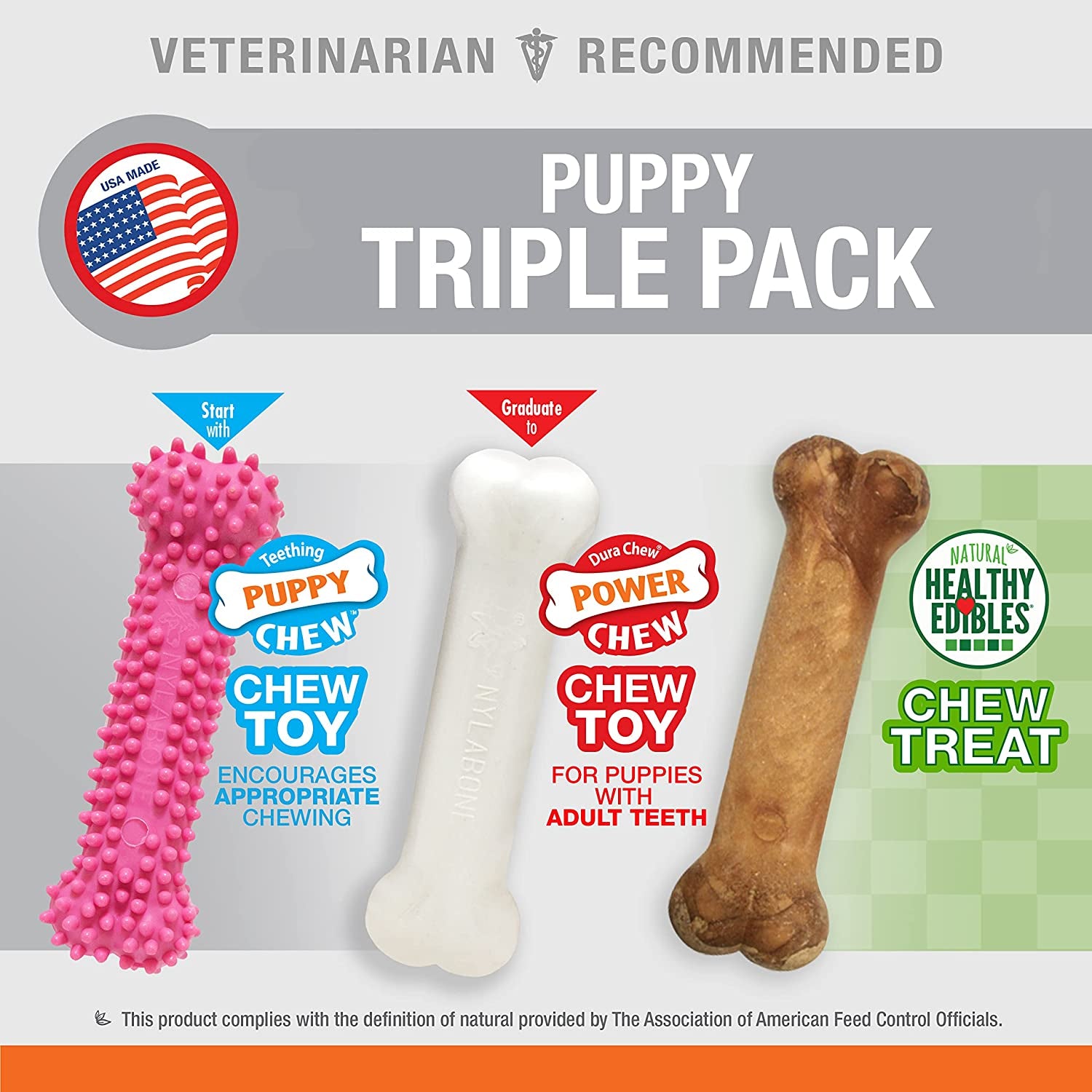 Puppy Triple Pack - Pink Puppy Teething Toy, Nylon Dog Toy, & Chew Treat Variety Pack - Puppy Supplies - Chicken and Bacon Flavors, Small/Regular (3 Count)