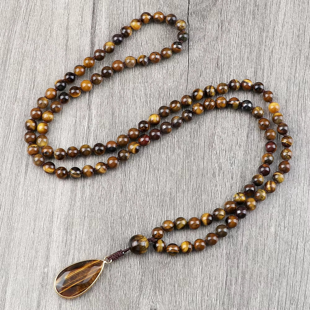 Vintage Design Tiger Eye Stone Necklace Handmade Knotted 6Mm 108 Mala Beads Necklaces Drop Pendant Women Men Yoga Jewelry Gifts