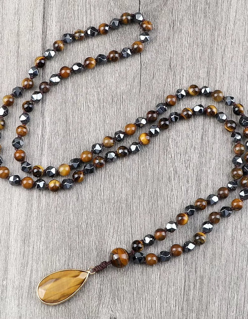 Load image into Gallery viewer, Vintage Design Tiger Eye Stone Necklace Handmade Knotted 6Mm 108 Mala Beads Necklaces Drop Pendant Women Men Yoga Jewelry Gifts
