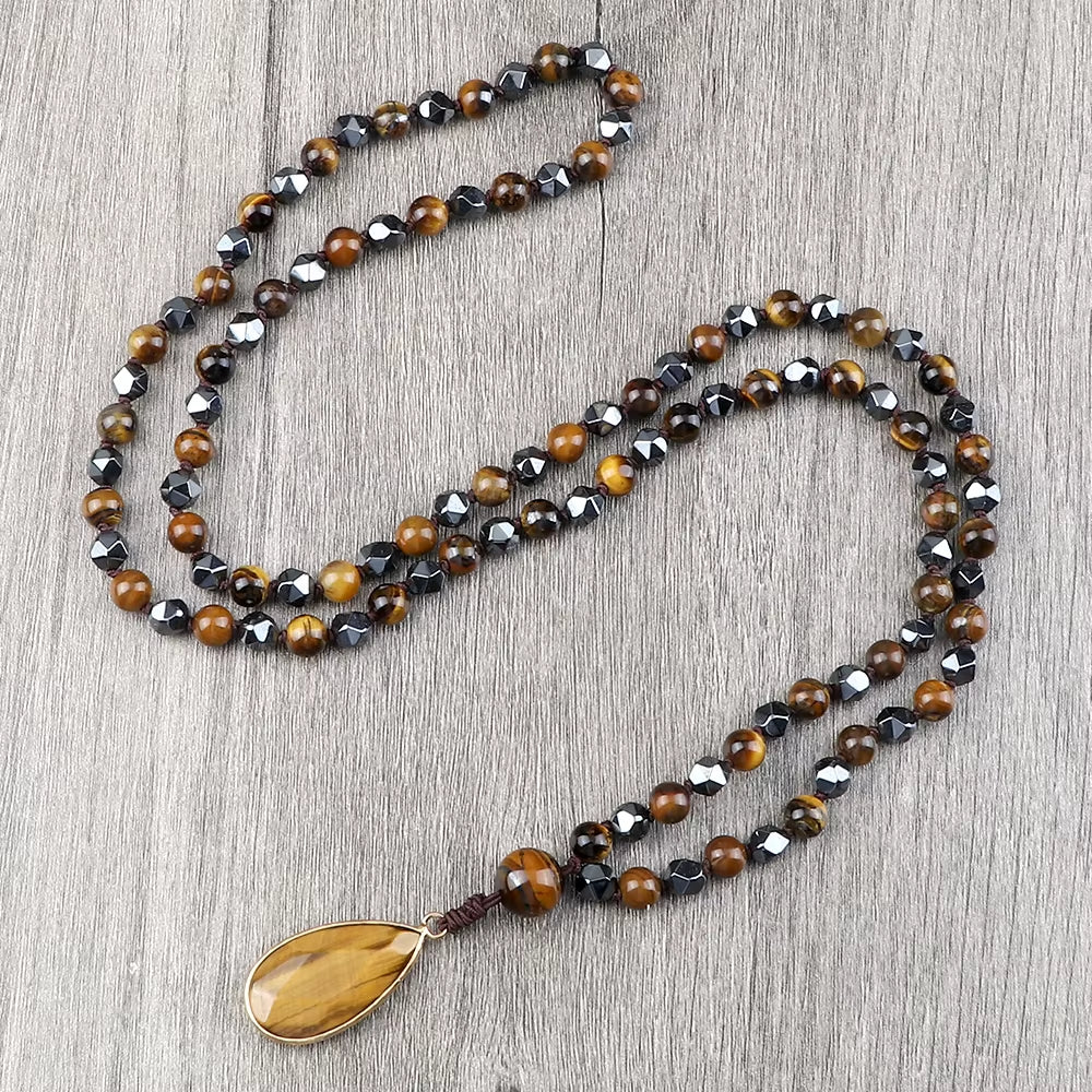 Vintage Design Tiger Eye Stone Necklace Handmade Knotted 6Mm 108 Mala Beads Necklaces Drop Pendant Women Men Yoga Jewelry Gifts