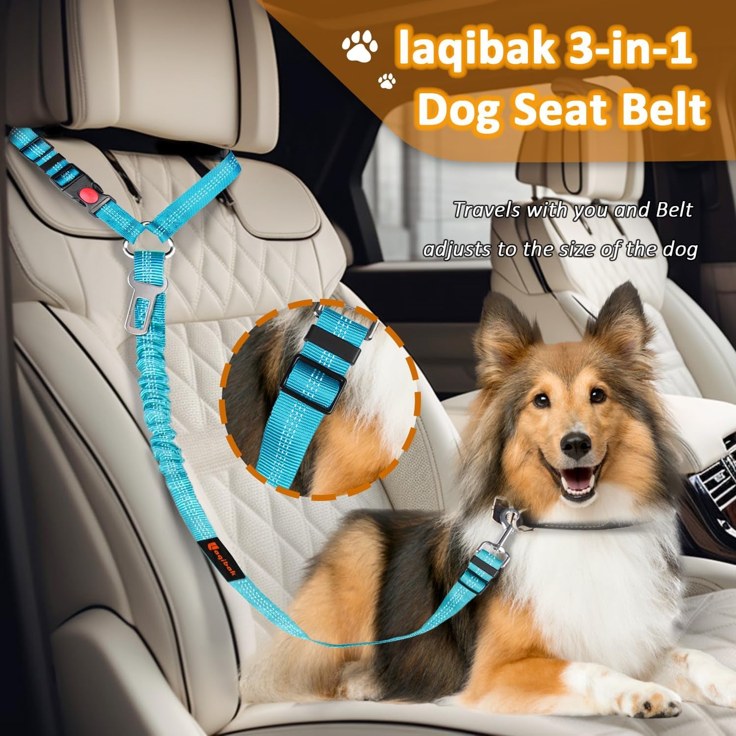 Removable Dog Seat Belt Harness for Car, 3 in 1 Pet Dog Car Seatbelt Leash, Retractable Restraint Secures to Vehicle Headrest & Adjustable Reflective Bungee Dog Seatbelt Tether with Poop Bag