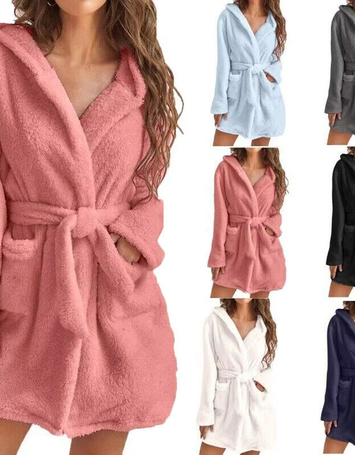 Load image into Gallery viewer, Women Bath Robe Winter Fluffy Plush Pyjamas Ladies Sexy Hooded Dressing Solid Color Gown Warm Bathrobe Female Home Clothing
