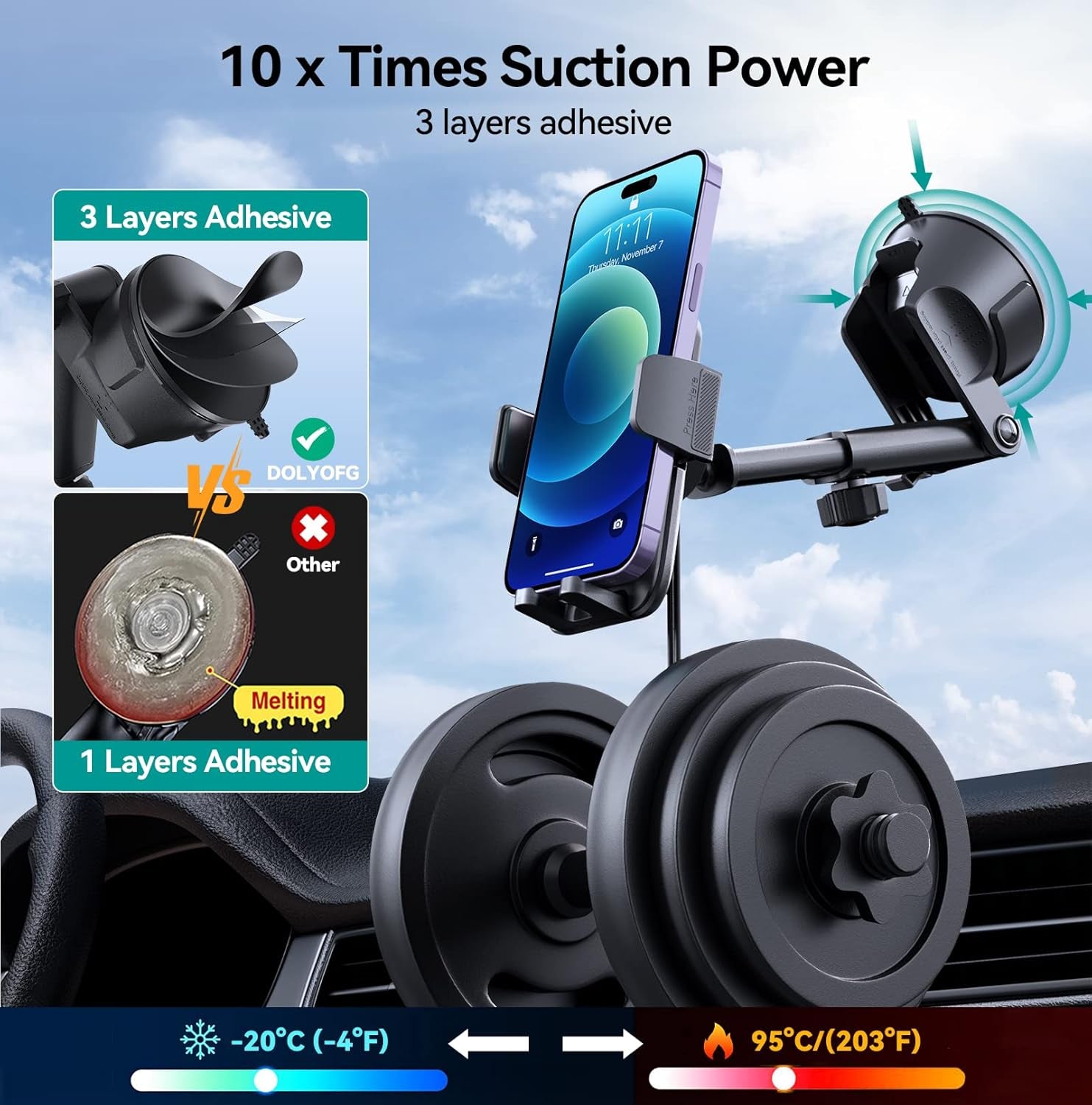 Car Phone Holder Mount, [Military-Grade Suction & Super Sturdy Base] 3 in 1 Universal Phone Mount for Car Dashboard Windshield Air Vent Hands Free Car Mount for Iphone Android Smartphone