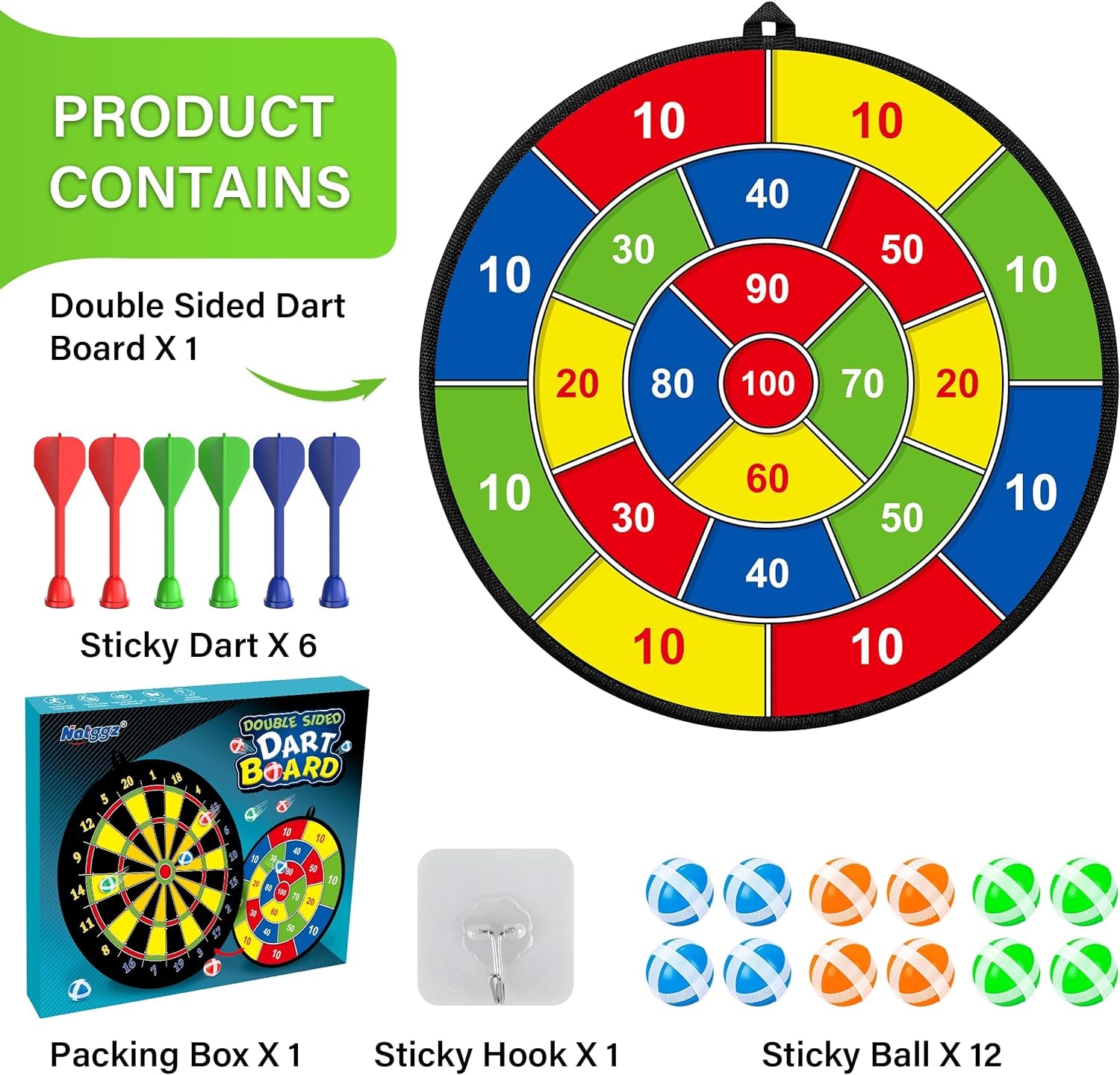 Large Dart Board for Kids, Kids Double-Sided Dart Board with Sticky Balls and Darts, Indoor/Outdoor Sport Fun Party Play Game Toys, Gifts for 3 4 5 6 7 8 9 10 11 12 Year Old Boys Girls