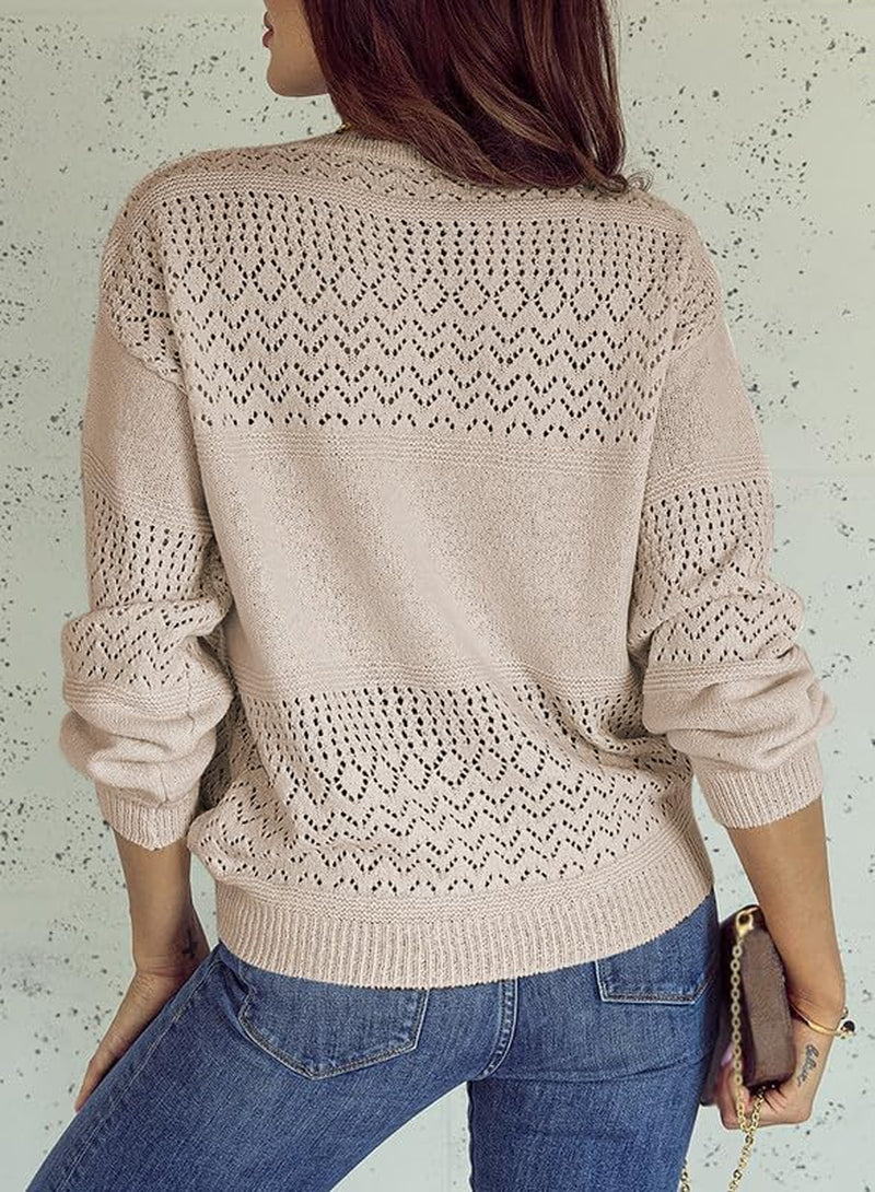 Womens Sweaters Casual Long Sleeve V Neck Lightweight Crochet Pullover Sweater Tops