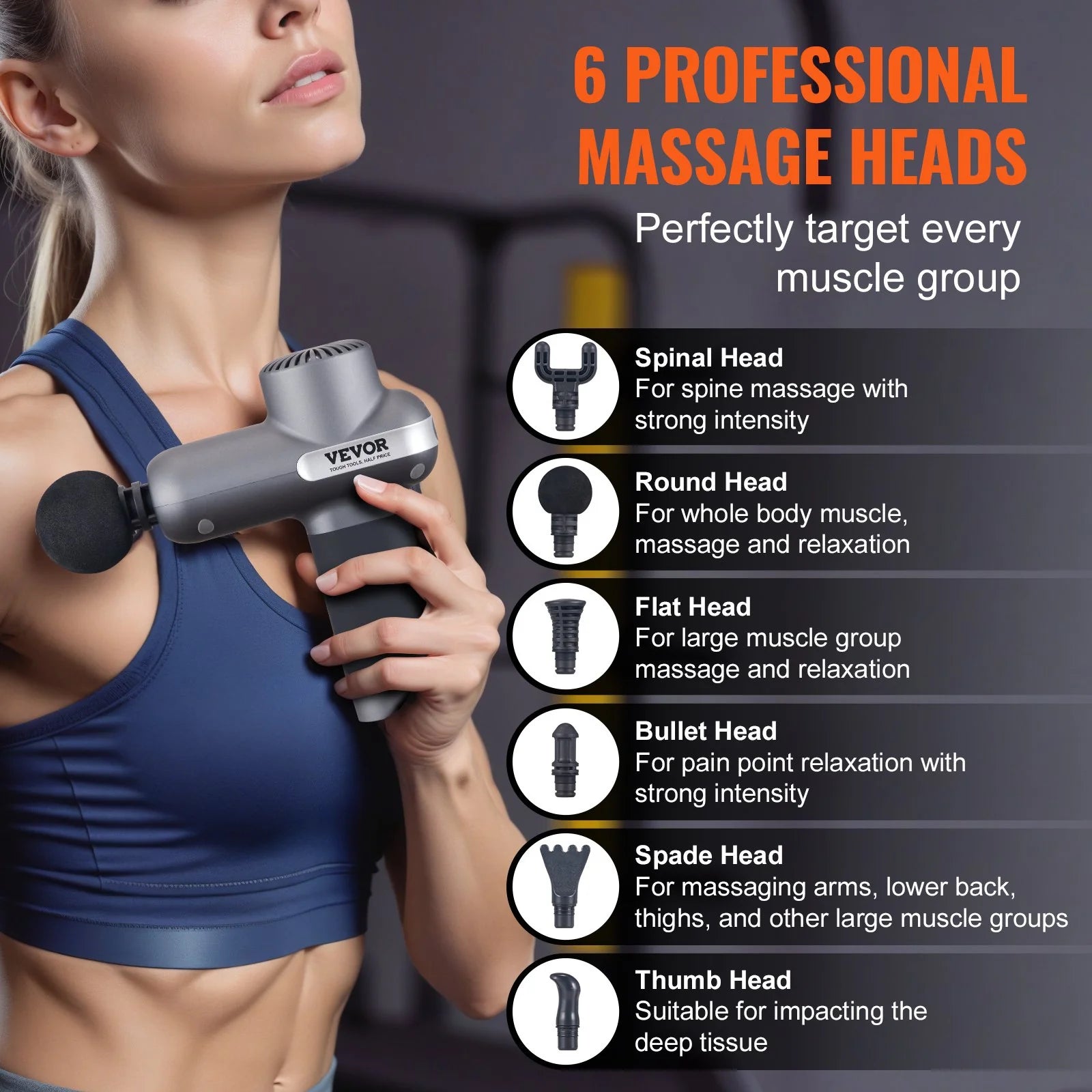 VEVOR Professional Deep Tissue Massage Gun - Percussion Muscle Massager for Athletes with 5 Speed Levels, 6 Interchangeable Massage Heads, 7.4V 2500mAh Battery, Handheld Electric Device for Pain Relief and Muscle Relaxation