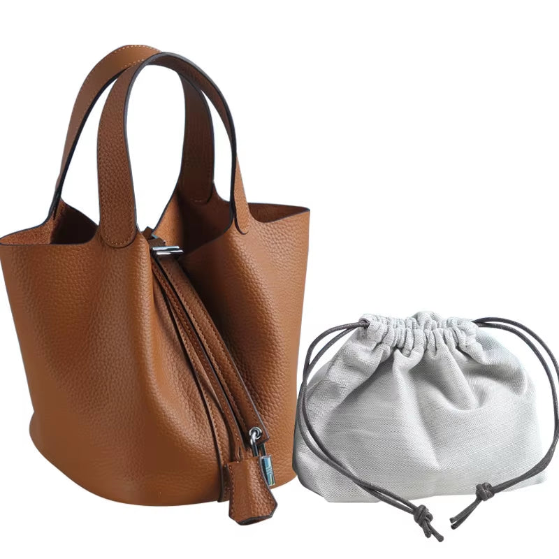 Various Genuine Leather Luxury Bag Fashion  Vegetable Basket Style Portable Women Bucket Bag with Lock