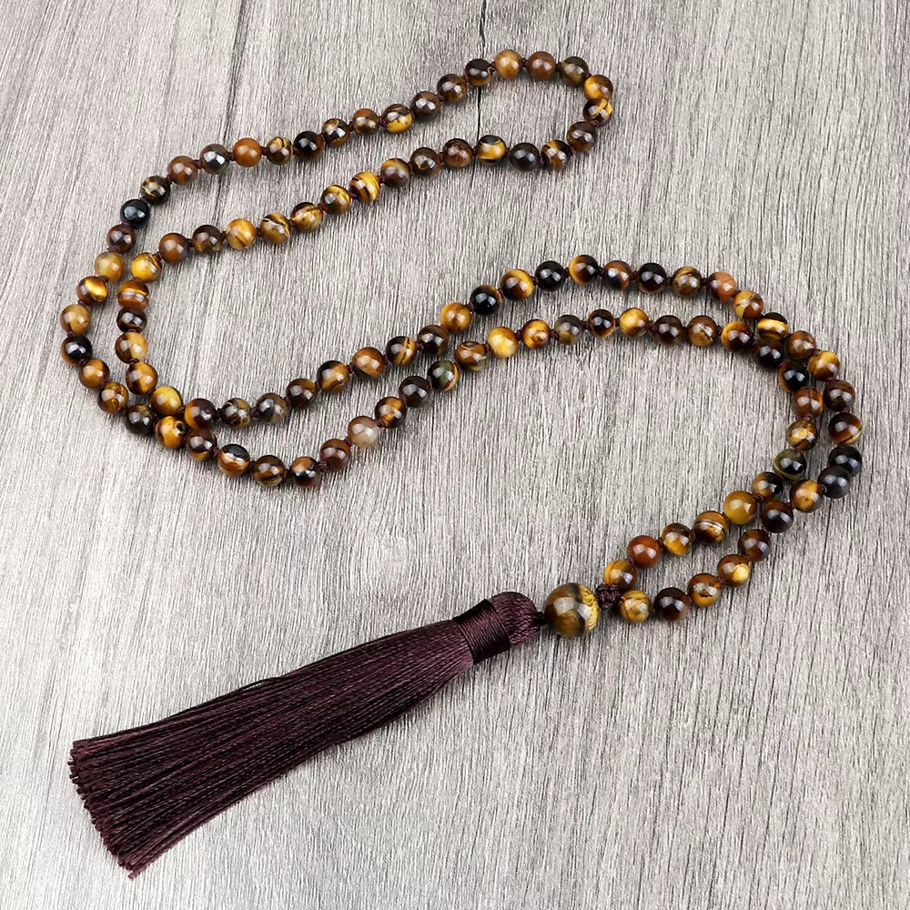 Vintage Design Tiger Eye Stone Necklace Handmade Knotted 6Mm 108 Mala Beads Necklaces Drop Pendant Women Men Yoga Jewelry Gifts