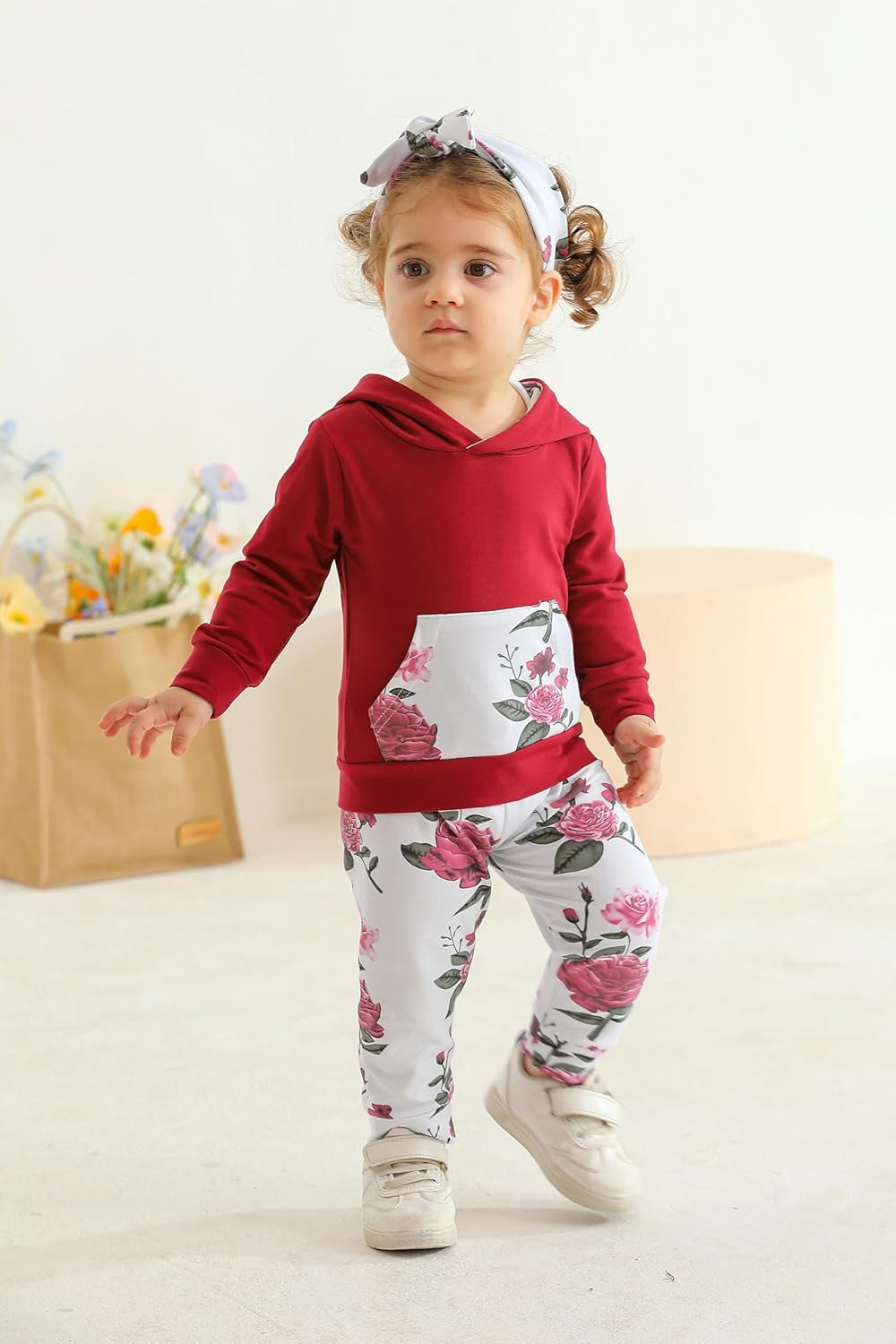 Baby Girl Clothes Long Sleeve Floral Hoodie Sweatshirt Pants with Pocket Headband Outfit Sets