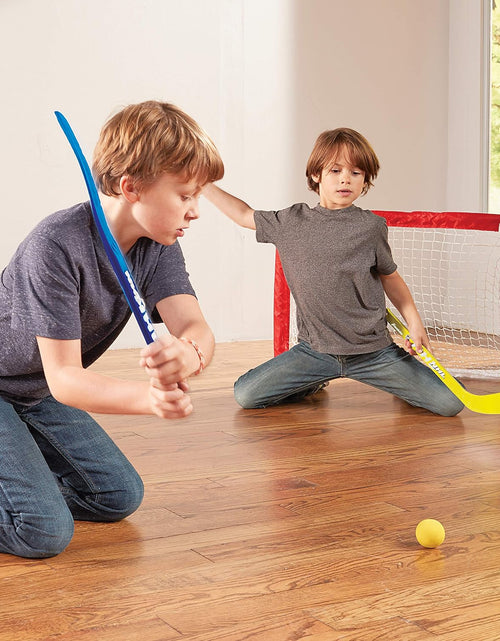 Load image into Gallery viewer, - NHL Kids Folding Hockey Goals Set - (2) Street Hockey &amp; Knee Hockey Goals - (2) Adjustable Youth Hockey Sticks, (2) Knee Hockey Sticks, (2) Mini Hockey Balls + (1) Street Hockey Ball
