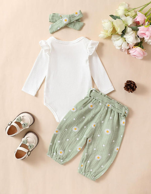 Load image into Gallery viewer, Newborn Infant Girl Clothes Rib Knit Romper Daisy Print Pants Headband Baby Clothes for Girls 0 3 6 12 18 24 Months
