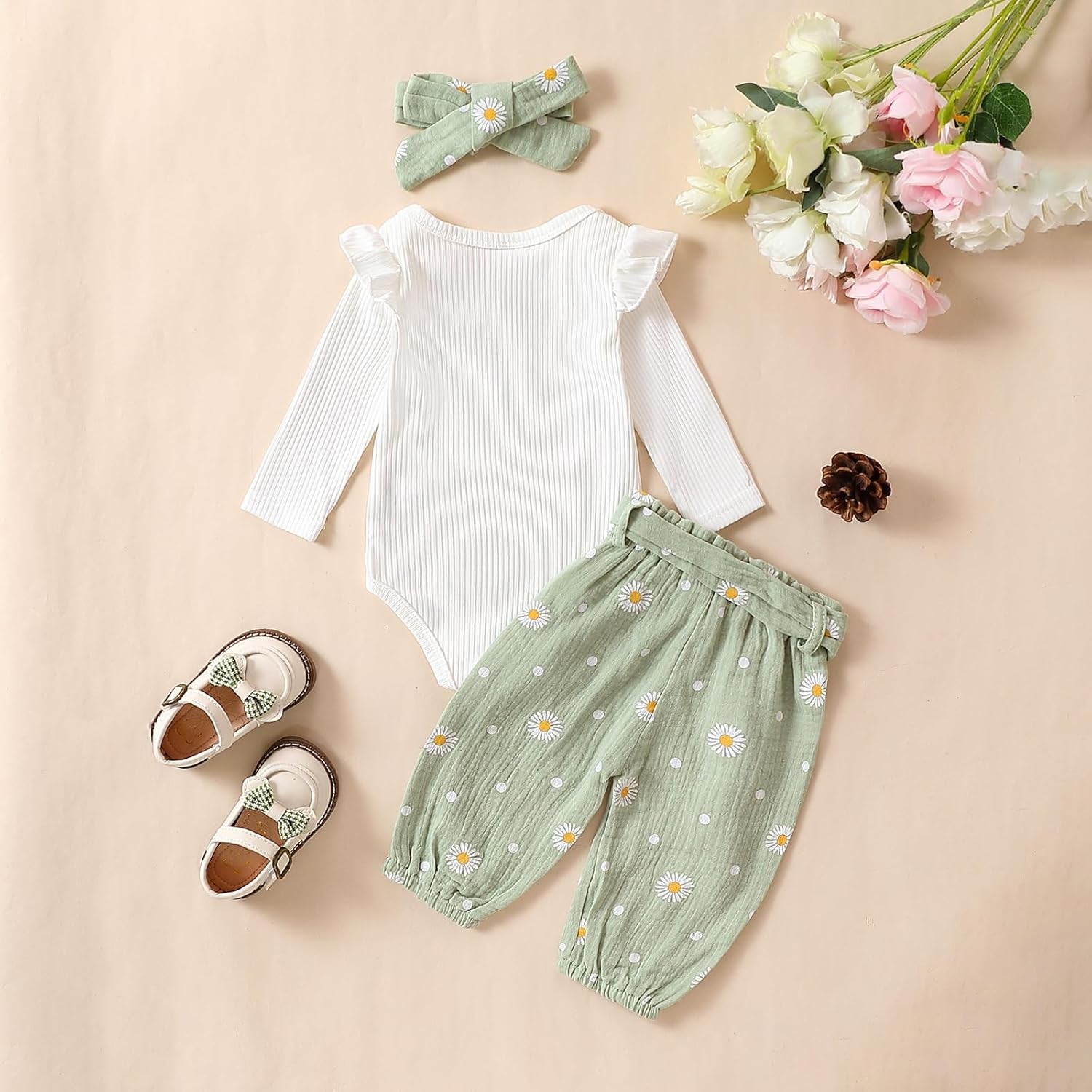 Newborn Infant Girl Clothes Rib Knit Romper Daisy Print Pants Headband Baby Clothes for Girls 0 3 6 12 18 24 Months