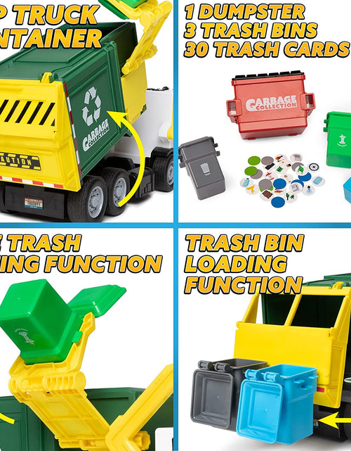 Load image into Gallery viewer, Large Friction Powered Garbage Truck Toy Set, Includes Dumpster, Trash Bins, and Learning Cards for Kids
