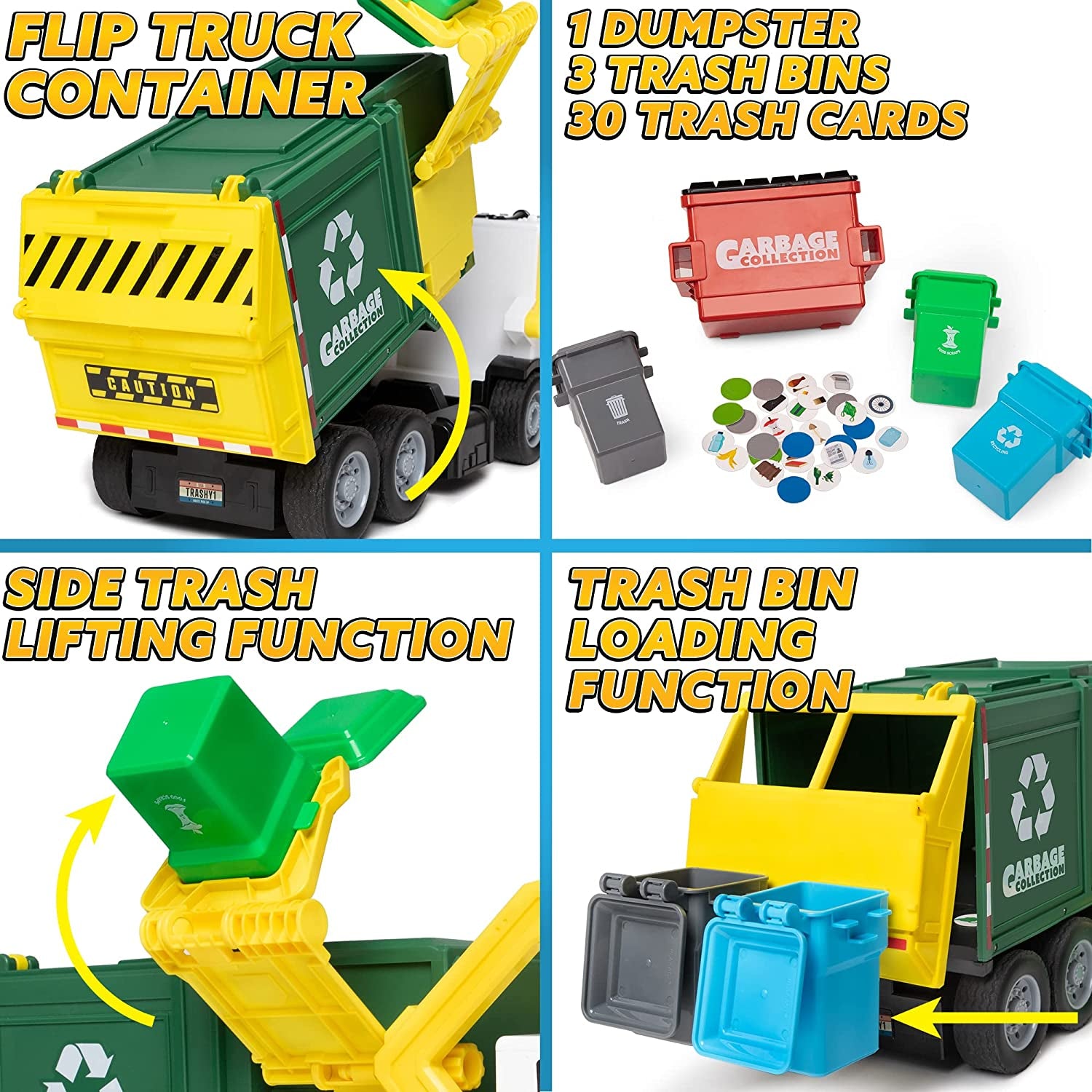 Large Friction Powered Garbage Truck Toy Set, Includes Dumpster, Trash Bins, and Learning Cards for Kids