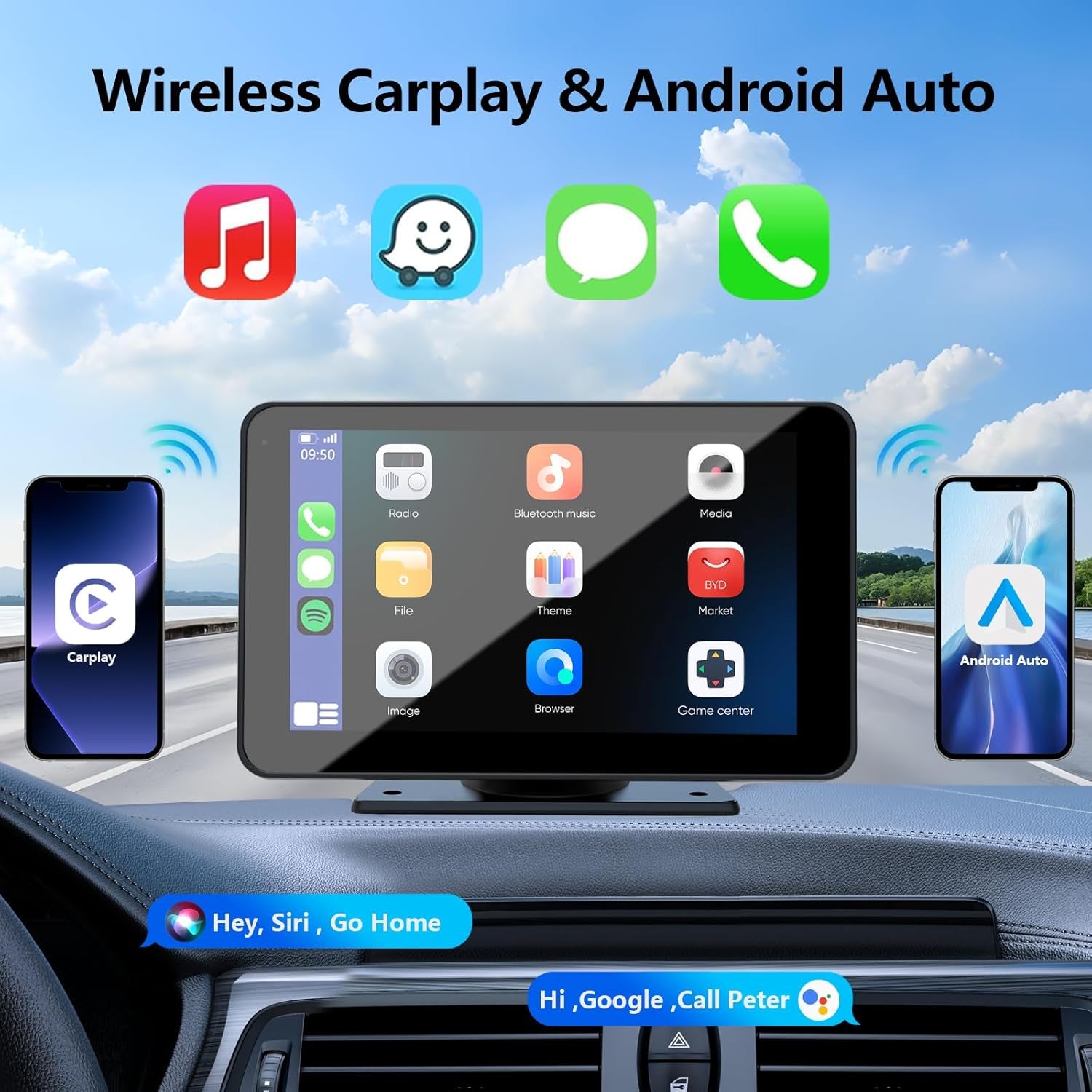 Apple Carplay Screen for Car, 7" HD Portable Car Stereo Touch Screen with Wireless Android Auto, Backup Camera, Car Audio Receivers with Voice Control, Mirror Link, Bluetooth, GPS Navigation