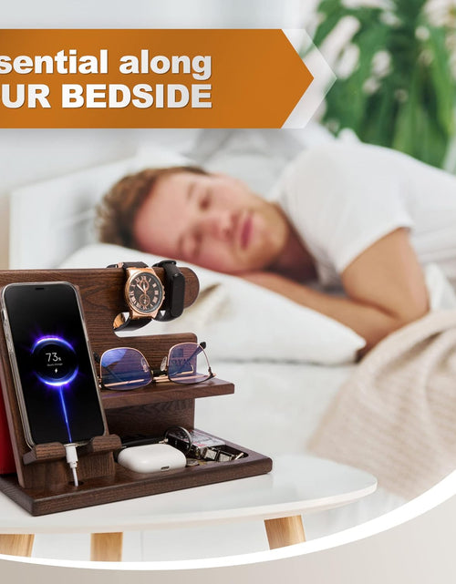 Load image into Gallery viewer, Wood Phone Docking Station - Nightstand Organizer - Desk Organizer for Husband - Birthday Gifts for Men, Dad - Idea for Anniversary from Wife - Key Holder - Stand Wallet &amp; Watch (Deep Brown)
