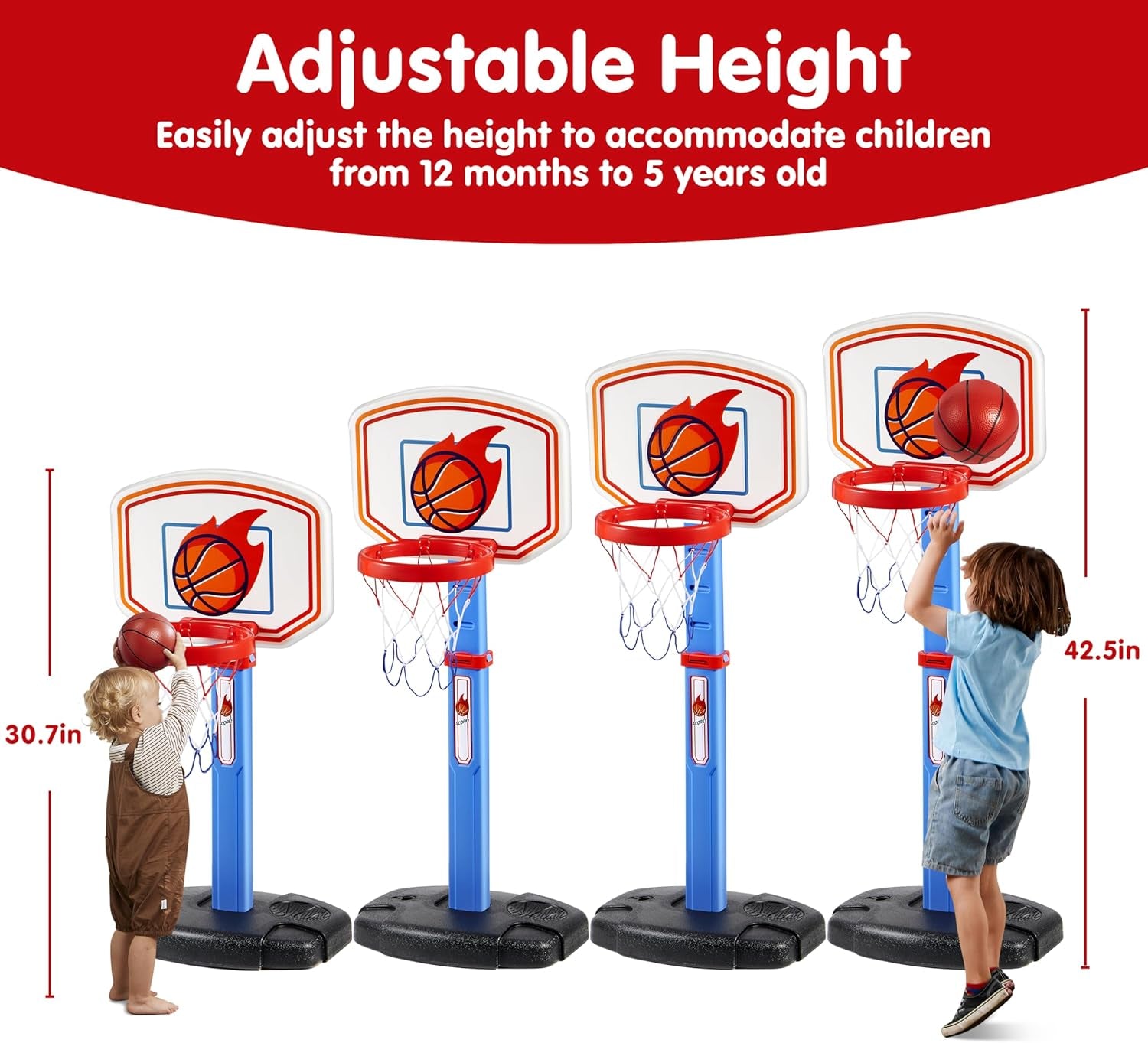 Toddler Basketball Arcade Game Set, Adjustable Basketball Goal with 4 Balls for Kids Indoor Outdoor Play, Carnival Games, Christmas Birthday Gift for Boys Girls Age 1 and up - Air Pump Included