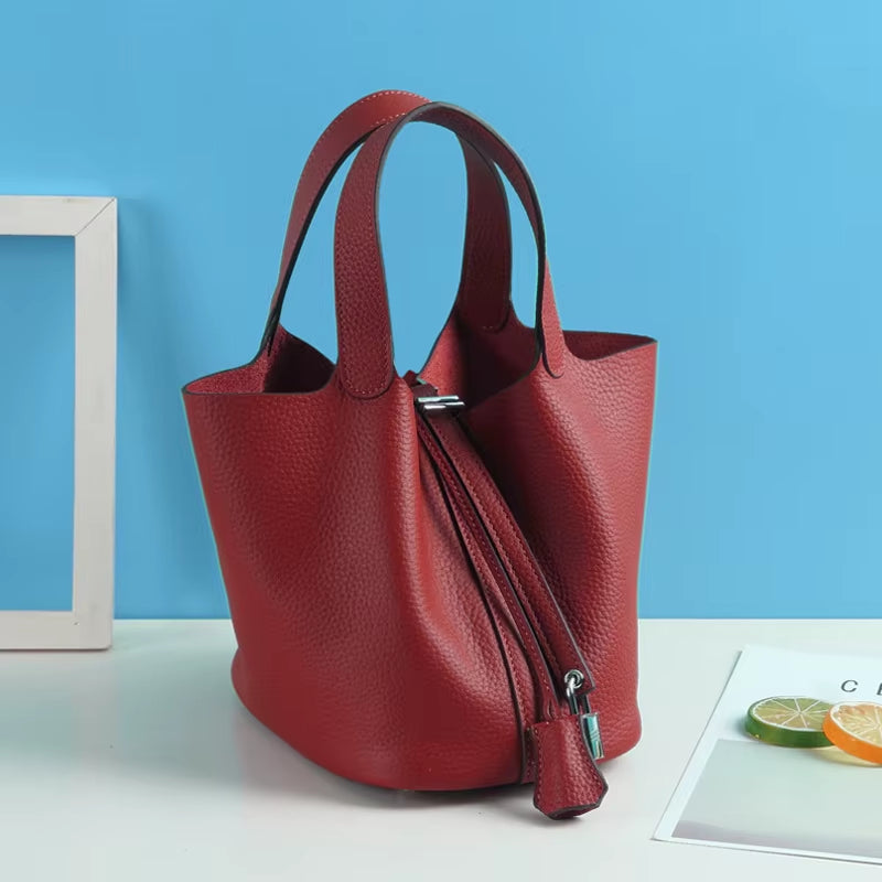 Various Genuine Leather Luxury Bag Fashion  Vegetable Basket Style Portable Women Bucket Bag with Lock