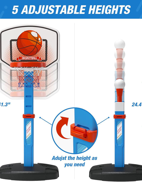 Load image into Gallery viewer, 2 in 1 Kids Basketball Hoop and T Ball Set - Adjustable Height, Kids Baseball Tee with Automatic Pitching Machine, Indoor Outdoor Sport Toys Gifts for Toddler Boys Girls Age 1-5, Blue
